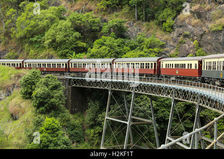 Kuranda Scenic Railway attraversando un ponte di elevata oltre a Barron Gorge National Park vicino Cairs, Australia Foto Stock