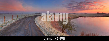 Tipico paesaggio olandese su un gelido mattino all'alba. Questa è una parte della circolare West-Frisian Dyke, una diga sistema che ha b Foto Stock