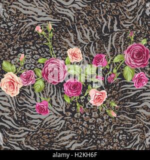 Pelle di animale e rose pattern senza giunture Illustrazione Vettoriale