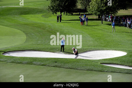 Dell'Europa Chris Wood durante una sessione di prove libere in vista del xli Ryder Cup a Hazeltine National Golf Club in Chaska, Minnesota, Stati Uniti d'America. Foto Stock