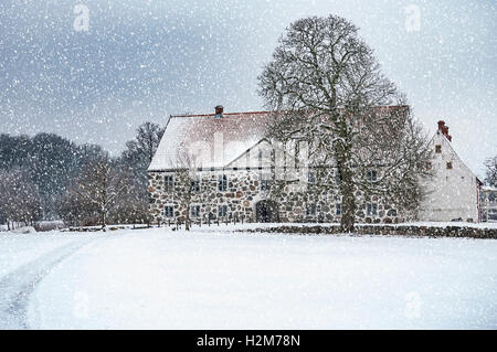 Vista di una coperta di neve Hovdala Castello nella regione Hassleholm. Hovdala Castle è un castello in Hassleholm comune, Scania, in modo Foto Stock