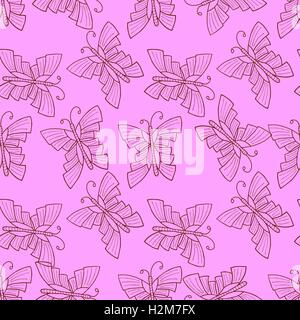 Vettore senza giunture doodle illustrazione con farfalla su sfondo verde Illustrazione Vettoriale