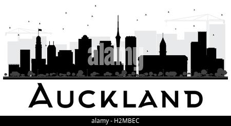 Auckland City skyline in bianco e nero la silhouette. Illustrazione Vettoriale. Piatto semplice concetto per il turismo presentazione, banner Illustrazione Vettoriale