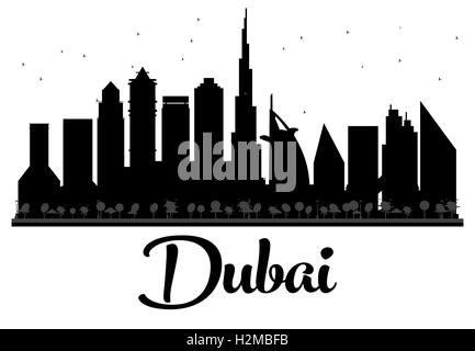 Dubai City skyline in bianco e nero la silhouette. Illustrazione Vettoriale. Piatto semplice concetto per il turismo presentazione, banner Illustrazione Vettoriale