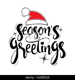 Fuone Feste scritte. Vettore moderno disegnato a mano con calligrafia Santa Claus Red Hat e stelle Illustrazione Vettoriale