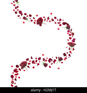 Ripetibile rose rosse e petali di curva, con cuori hovering, studio fotografato in profondità di campo e isolato su bianco. Foto Stock