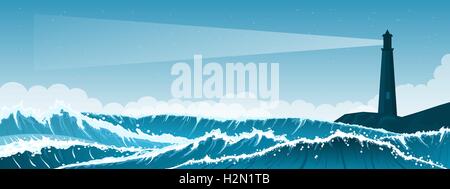Stormy seascape sfondo con faro Illustrazione Vettoriale