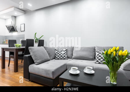 Nuovo design interno di casa con grande divano in legno set da pranzo e di una cucina aperta Foto Stock