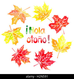 Hola otono con il significato di "ciao autunno" in spagnolo acquerello disegnata a mano e la scritta colorata di caduta foglie di acero Foto Stock