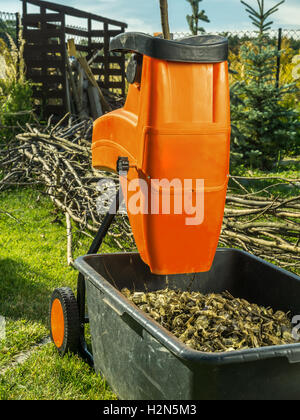 Elettrico trituratore legno con trucioli di legno usato per la pacciamatura da giardino Foto Stock