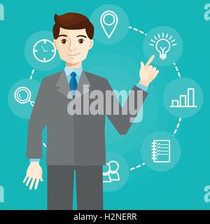 Imprenditore lavora con le icone e le nuove tecnologie Illustrazione Vettoriale