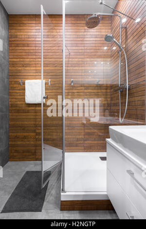 Luminosa e spaziosa stanza da bagno con doccia Foto Stock