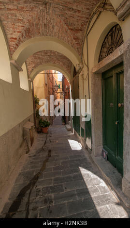 Un esempio degli stretti passaggi pedonali che sono tipici dei paesi del Mediterraneo, Riomaggiore Cinque Terre, Liguaria, Italia, Foto Stock