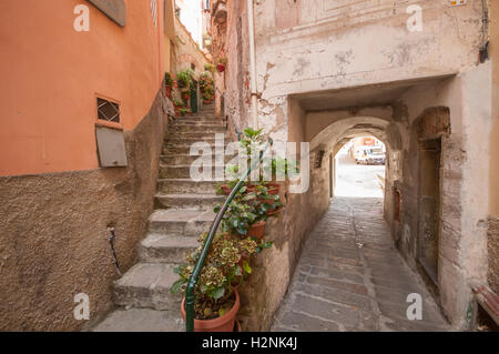 Un esempio degli stretti passaggi pedonali che sono tipici dei paesi del Mediterraneo, Riomaggiore Cinque Terre, Liguaria, Italia, Foto Stock