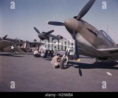 P-51 'Mustang' aerei da combattimento in fase di preparazione per la prova di volo, la North American Aviation, Inc, Inglewood, California, USA, Alfred T. Palmer per ufficio di informazione di guerra, Ottobre 1942 Foto Stock