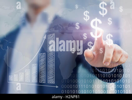 Imprenditore presentando analisi finanziaria con grafici generati dai dati di grandi dimensioni visualizzando il successo internazionale e segni di dollaro Foto Stock