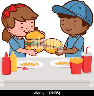 I bambini a mangiare hamburger. Illustrazione Vettoriale