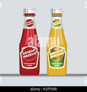 Vettore digitale rosso e marrone di ketchup e senape in plastica e bottiglia di vetro mockup, pronto per il vostro logo e design, stile piatto Illustrazione Vettoriale