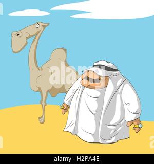 Colorata illustrazione vettoriale di un cartoon sceicco arabo e il suo cammello nel deserto Illustrazione Vettoriale