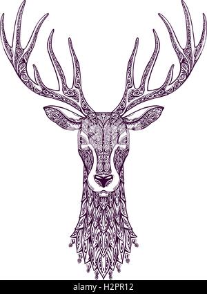Disegnata a mano capo cervo, di renna. Natale, simbolo del Natale Illustrazione Vettoriale