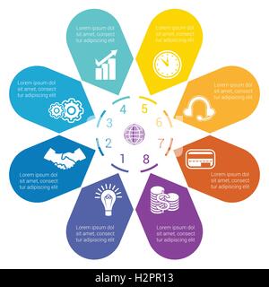 Frecce di colore disposte in cerchio, rivolta all'interno del cerchio. Modello per una infografica numerati da otto posizioni. Illustrazione Vettoriale