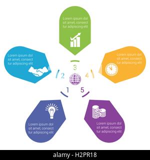 Frecce di colore disposte in cerchio, rivolta all'interno del cerchio. Modello per una infografica numerati in cinque posizioni. Illustrazione Vettoriale