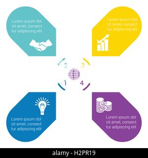 Frecce di colore disposte in cerchio, rivolta all'interno del cerchio. Modello per una infografica numerati in quattro posizioni. Illustrazione Vettoriale