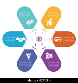 Frecce di colore disposte in cerchio, rivolta all'interno del cerchio. Modello per una infografica numerati da sei posizioni. Illustrazione Vettoriale