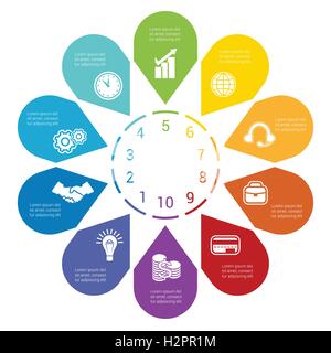 Frecce di colore disposte in cerchio, rivolta all'interno del cerchio. Modello per una infografica numerati da dieci posizioni. Illustrazione Vettoriale