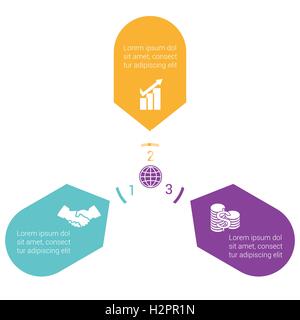 Frecce di colore disposte in cerchio, rivolta all'interno del cerchio. Modello per una infografica numerati in tre posizioni. Illustrazione Vettoriale