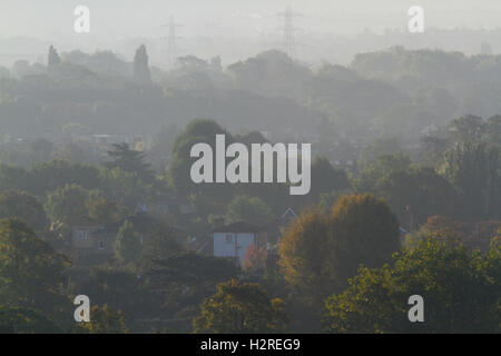 Wimbedon Londra, Regno Unito. 1 ottobre 2016. Elettricità tralicci che si elevano al di sopra del paesaggio nel sud-ovest di Londra bagnata in inizio di mattina di sole autunnale Credito: amer ghazzal/Alamy Live News Foto Stock