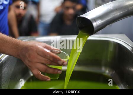 La striscia di Gaza. Il 30 settembre, 2016. Olio di oliva viene eseguito da un tubo dopo essere stato estratto da olive in un olio di oliva in fabbrica a Gaza City il 7 settembre 30, 2016. Contadini raccolgono le loro olive questo anno da metà settembre a novembre 1 Ed essi olive schiacciate in una fabbrica d'olio d'oliva per rilasciare il loro olio. © Wissam Nassar/Xinhua/Alamy Live News Foto Stock