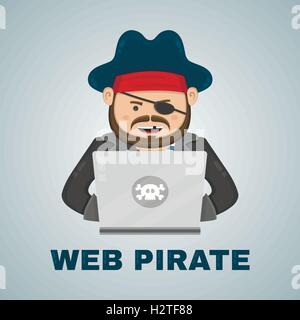 Il pirata di Internet con un computer portatile. vettore isolato piatta illustrazione di carattere. la protezione sul Web e scaricare contenuti concetto Illustrazione Vettoriale