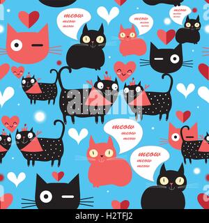 Seamless motivo grafico con gli amanti dei gatti e cuori su uno sfondo blu Illustrazione Vettoriale