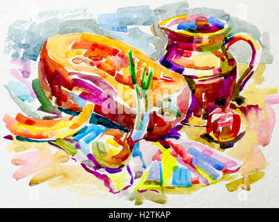 Pittura ad acquarello ancora vita illustrazione con la zucca, la brocca, Apple Foto Stock