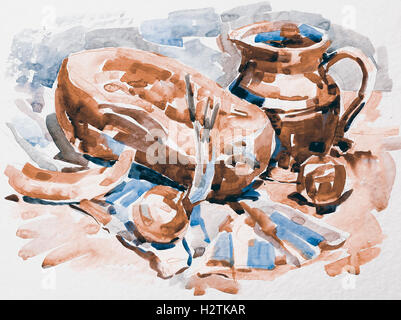 Pittura ad acquarello ancora vita illustrazione con la zucca, la brocca, Apple Foto Stock