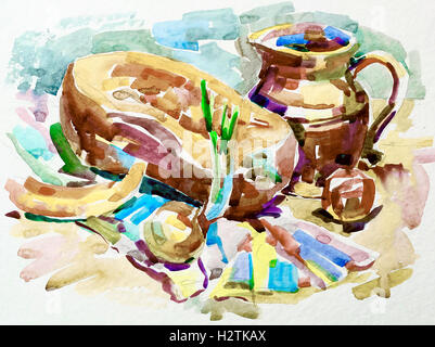 Pittura ad acquarello ancora vita illustrazione con la zucca, la brocca, Apple Foto Stock