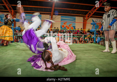 Lucha Libre. Combattente maschio e la cholita Celia la simpatica, lottatori in combattimento, centro sportivo La Ceja, El Alto, La Paz, Boliv Foto Stock