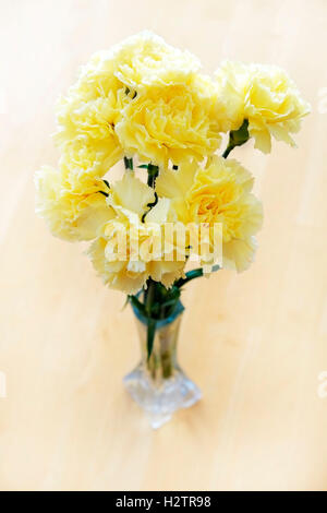 Primo piano freschi di fiori di primavera garofani in coppa sul vecchio tavolo in legno decorazione superiore Foto Stock