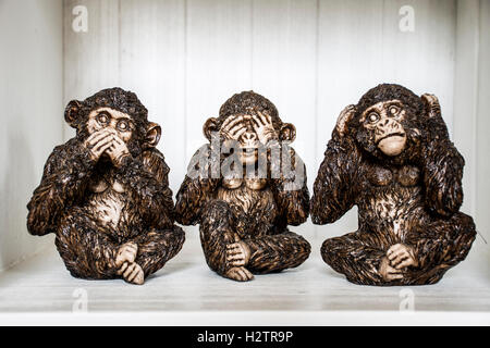 Le tre scimmie scultura sentire parlare vedere in una scatola Foto Stock