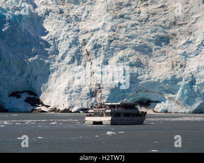 Un turista barca si avvicina l'Holgate ghiacciaio sul bordo di un tour in barca; il Parco nazionale di Kenai Fjords, Seward, Alaska. Foto Stock