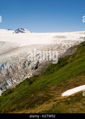 Vista del ghiacciaio di uscita come si lascia la Harding Icefield su una bella mattina d'estate, il Parco nazionale di Kenai Fjords, Seward, Alaska Foto Stock