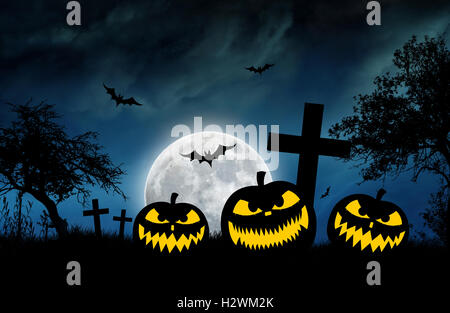 Halloween illustrazione a tema con zucche e pipistrelli Foto Stock