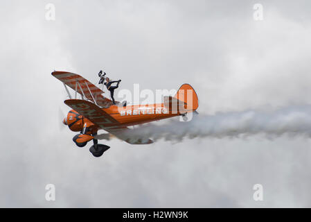 AeroSuperBatics team hanno messo in un eccitante display del wingwalkers nel loro Boeing Stearman biplani al 2016 RIAT Foto Stock