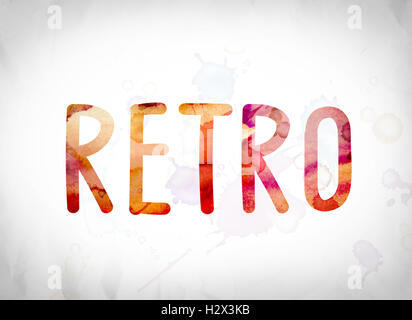 La parola "Retrò" scritto in acquerello lambisce un libro bianco il concetto di sfondo e tema. Foto Stock
