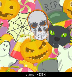 Vettore di fumetto halloween simboli modello senza giunture. Illustrazione colorata. Illustrazione Vettoriale