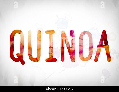 La parola "la quinoa' scritta in acquerello lambisce un libro bianco il concetto di sfondo e tema. Foto Stock