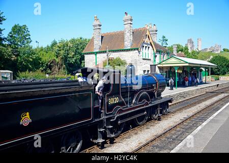 LSWR T9 classe 4-4-0 treno a vapore di entrare nella stazione ferroviaria con il castello al posteriore, Corfe, Dorset, England, Regno Unito, Europa. Foto Stock