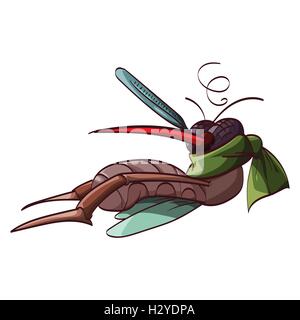 Colorata illustrazione vettoriale di un cartoon malati mosquito con un termometro e un foulard, sdraiato Illustrazione Vettoriale