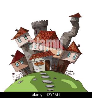 Colorata illustrazione vettoriale di un cartone animato piccolo / medievale fantasy village Illustrazione Vettoriale